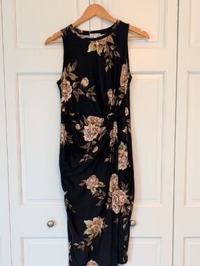 nine britton Navy Floral Midi Dress with Side Knot